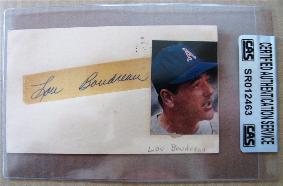 1955 LOU BOUDREAU SIGNED GOVERMENT POSTCARD - CAS AUTHENTICATED