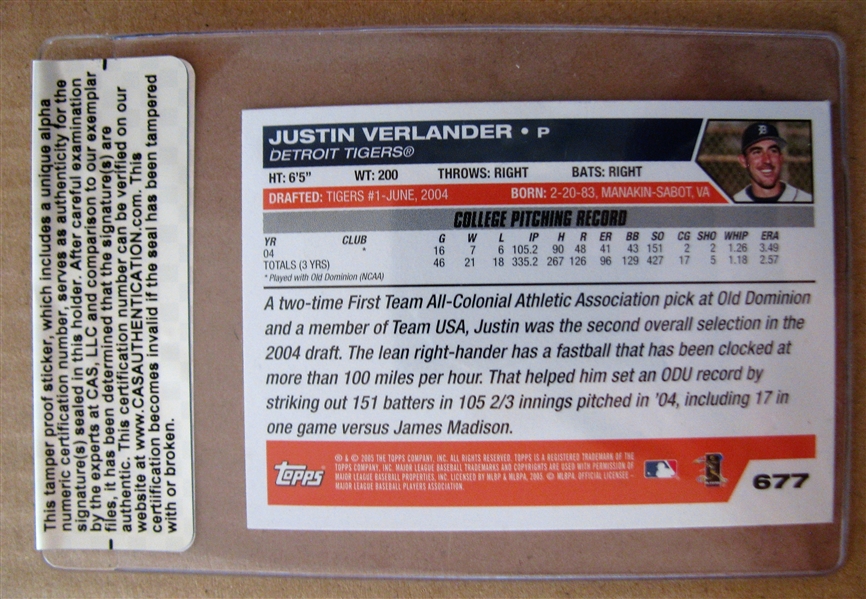 JUSTIN VERLANDER 2005 DRAFT PICK SIGNED BASEBALL CARD /CAS AUTHENTICATED