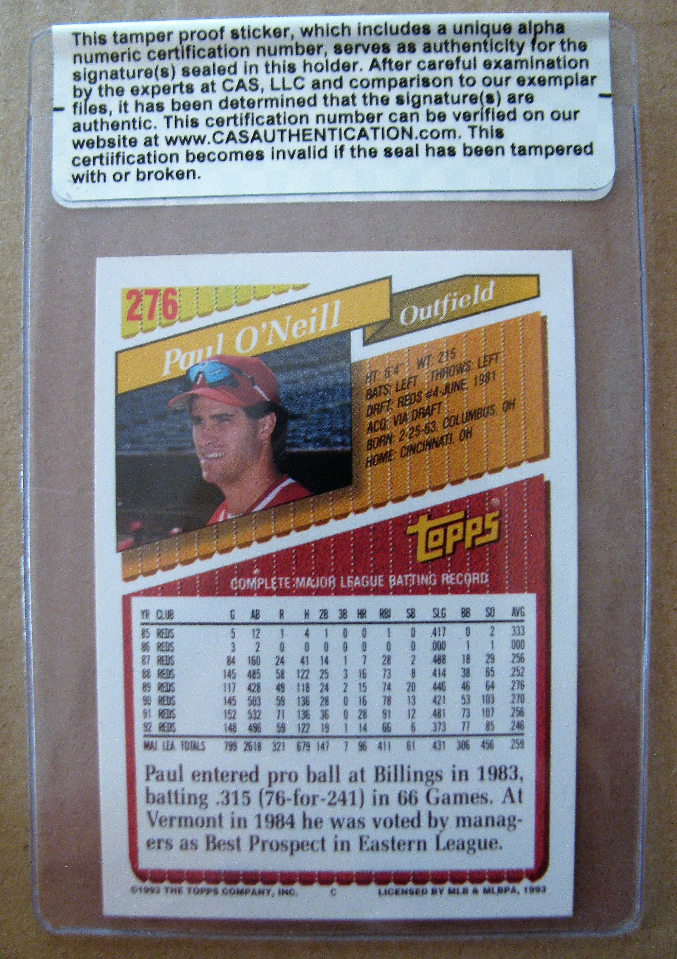 Paul O'Neill Certified Autographed Baseball Card