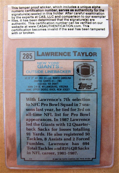  LT LAWRENCE TAYLOR SIGNED FOOTBALL CARD /CAS AUTHENTICATED