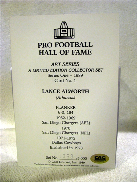 1989 LANCE ALWORTH GOAL LINE ART CARD w/CAS COA