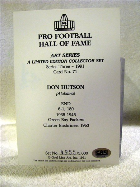 1991 DON HUTSON SIGNED GOAL LINE ART CARD w/CAS COA