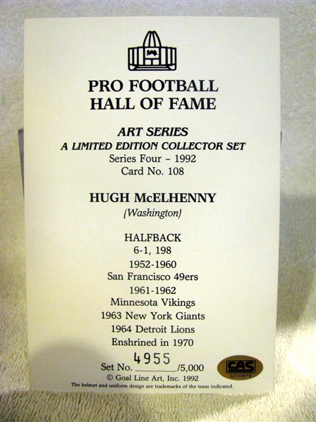 1992 HUGH MCELHENNY SIGNED GOAL LINE ART CARD w/CAS COA