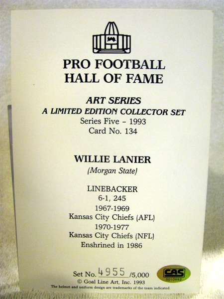 1993 WILLIE LANIER SIGNED GOAL LINE ART CARD w/CAS COA