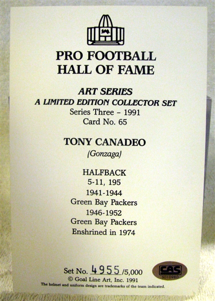 1991 TONY CANADEO SIGNED GOAL LINE ART CARD w/CAS COA