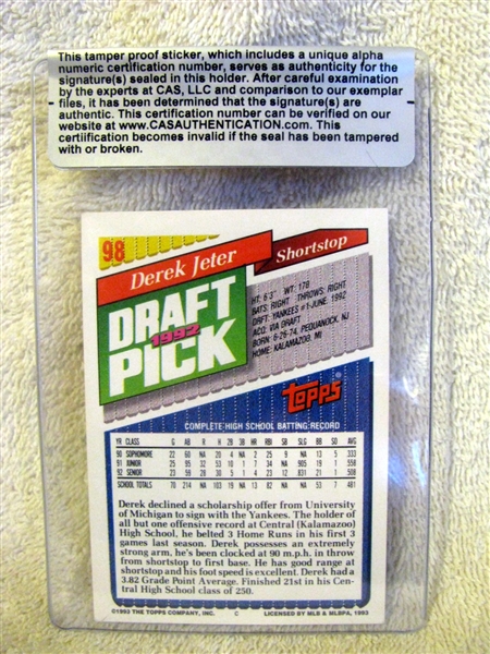 1993 DEREK JETER  SIGNED DRAFT PICK CARD - w/CAS