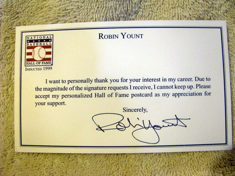 ROBIN YOUNT SIGNED HALL OF FAME POST CARD w/CAS COA