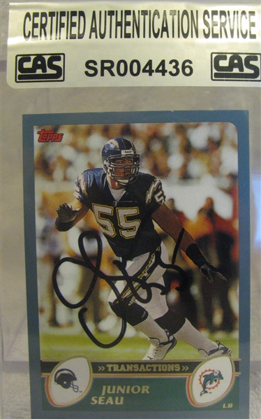 JUNIOR SEAU SIGNED FOOTBALL CARD w/CAS