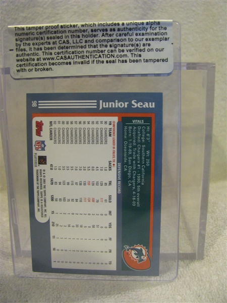 JUNIOR SEAU SIGNED FOOTBALL CARD w/CAS