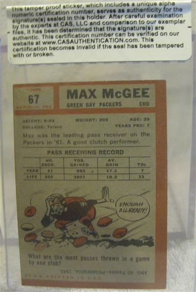 MAX MCGEE SIGNED FOOTBALL CARD w/CAS