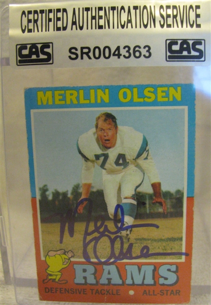 MERLIN OLSEN SIGNED FOOTBALL CARD w/CAS