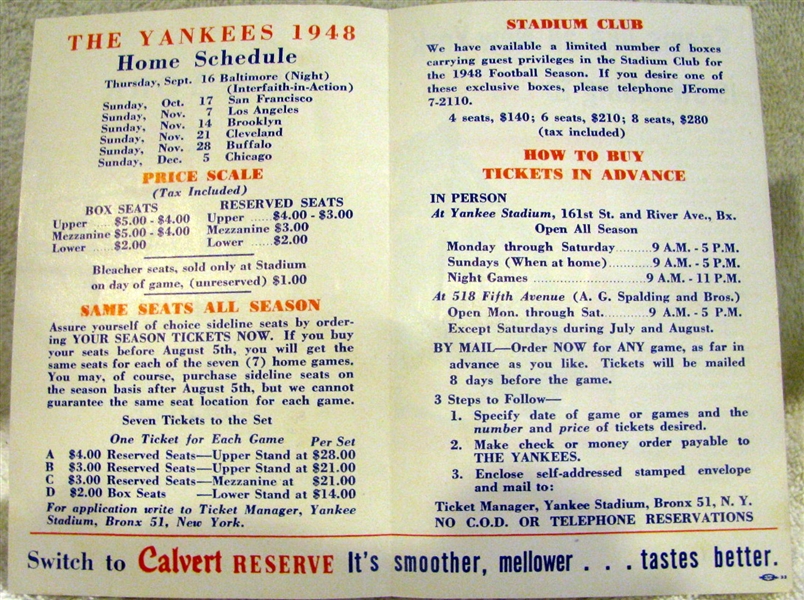 1948 AAFC NEW YORK YANKEES SCHEDULE BOOKLET