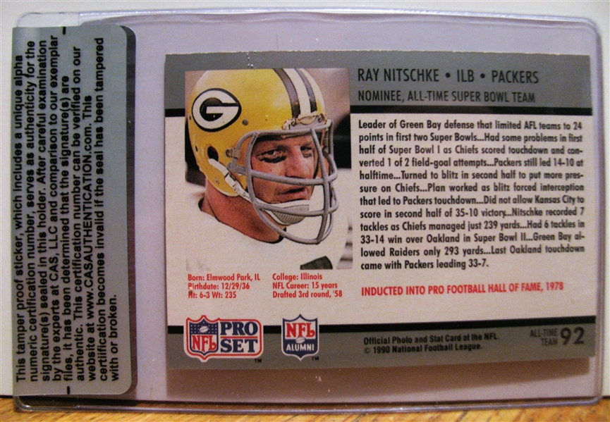 RAY NITSCHKE SIGNED FOOTBALL CARD /CAS AUTHENTICATED