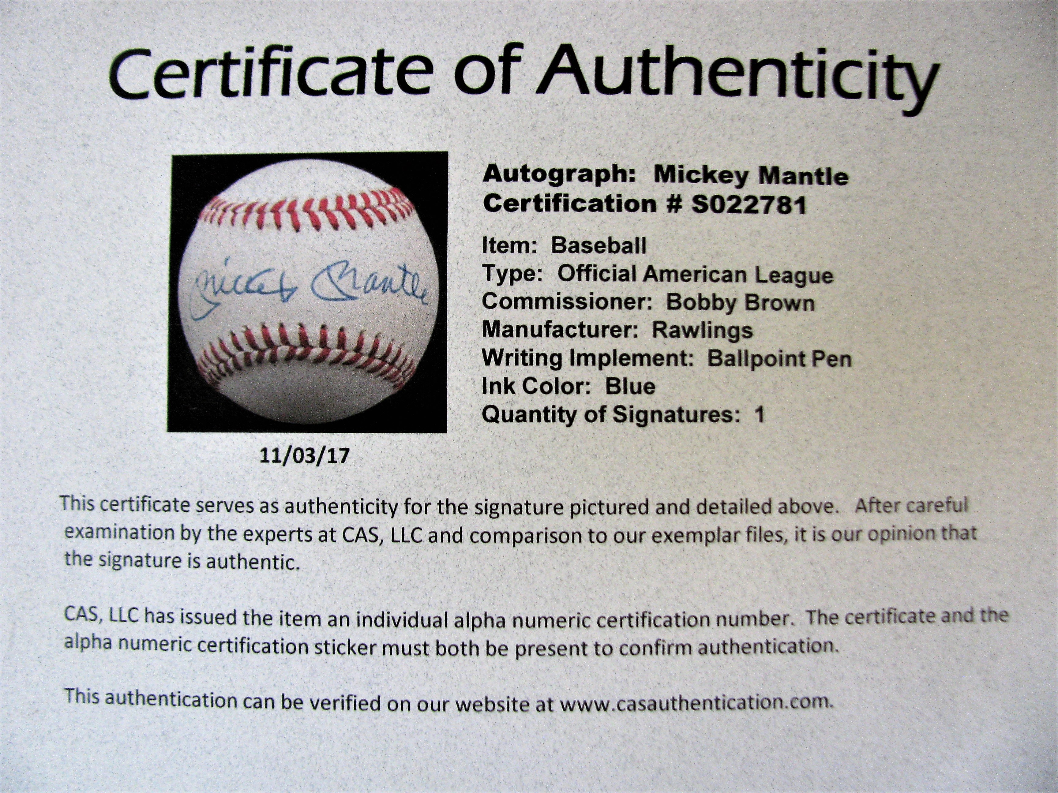 Mickey Mantle signed Official American League Baseball JSA Authenticated