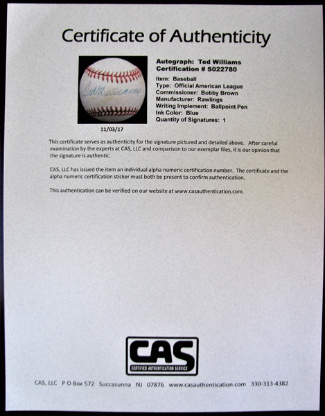 TED WILLIAMS SINGLE SIGNED BASEBALL w/CAS LOA