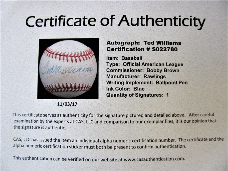 TED WILLIAMS SINGLE SIGNED BASEBALL w/CAS LOA