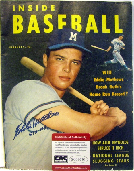 EDDIE MATHEWS 512 HR's SIGNED INSIDE BASEBALL MAGAZINE w/CAS COA