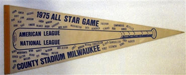 1975 ALL-STAR GAME PENNANT @ MILWAUKEE COUNTY STADIUM w/PLAYER NAMES