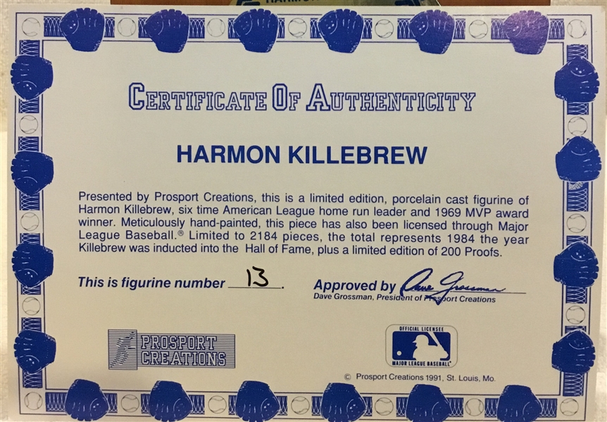 1991 HARMON KILLEBREW SIGNED PROSPORT STATUE w/BOX & COA