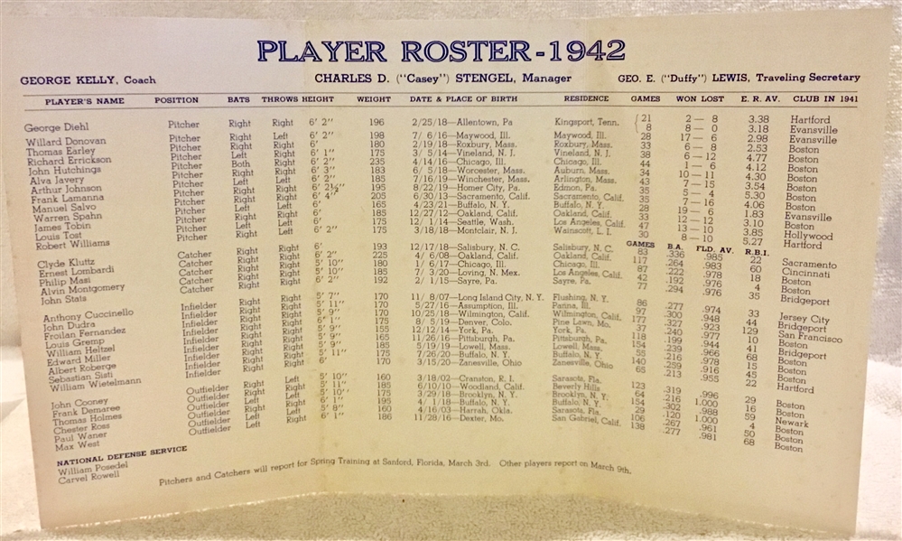 1942 BOSTON BRAVES ROSTER & SCHEDULE BOOKLET