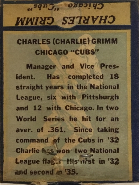 30's CHARLIE GRIMM MATCHBOOK
