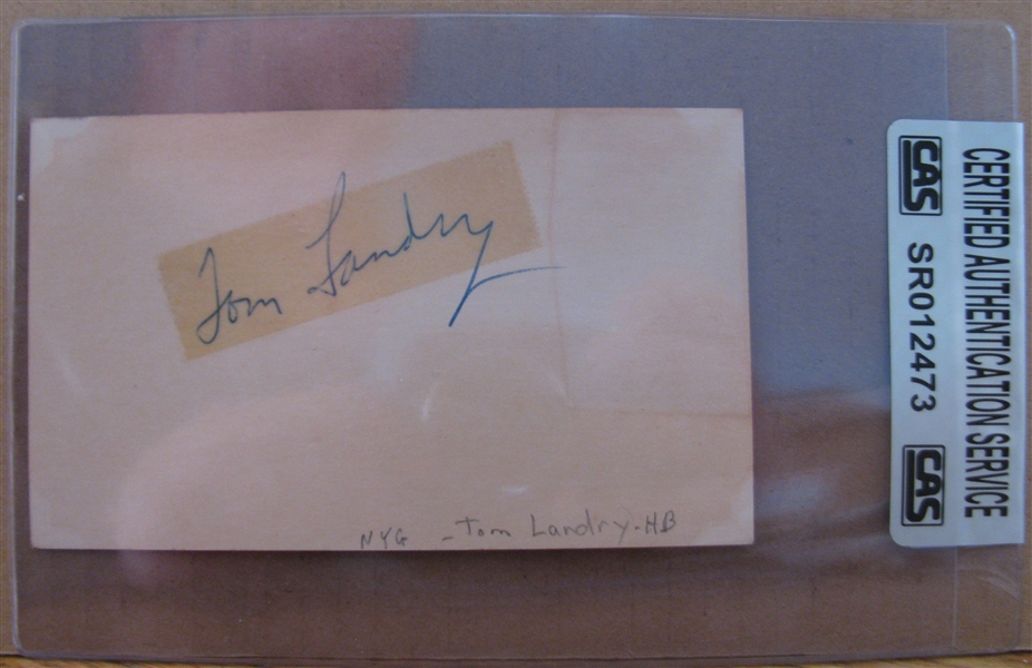 TOM LANDRY NY GIANTS SIGNED 3X5 INDEX CARD - CAS AUTHENTICATED