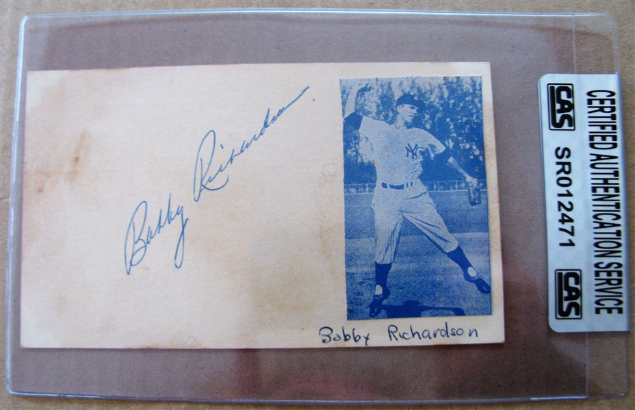 1957 BOBBY RICHARDSON SIGNED GOVERMENT POSTCARD - CAS AUTHENTICATED