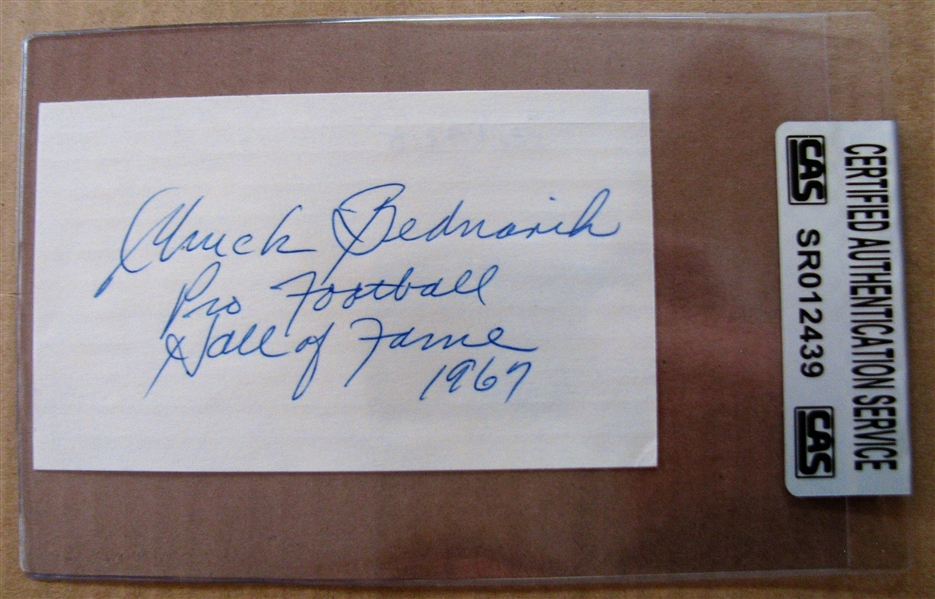 CHUCK BEDNARIK PRO FOOTBALL HOF 1967  SIGNED 3X5 INDEX CARD - CAS AUTHENTICATED