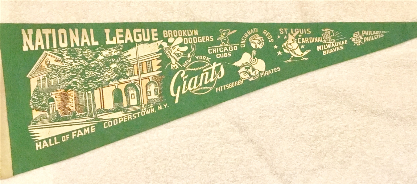 50's COOPERSTOWN PENNANT w/NATIONAL LEAGUE LOGOS - RARE
