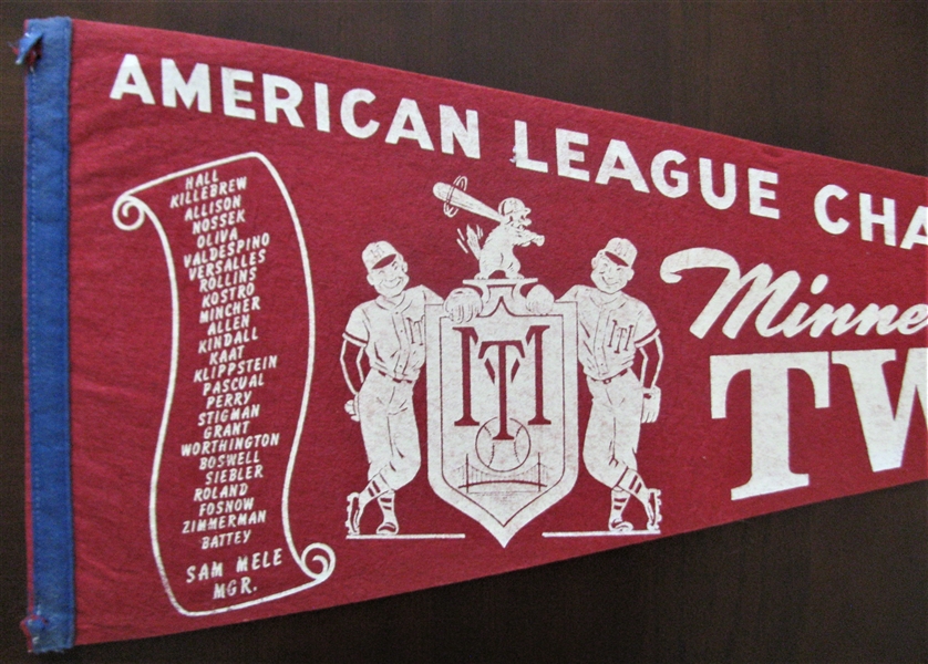 1965 MINNESOTA TWINS AMERICAN LEAGUE CHAMPIONS TEAM SCROLL PENNANT