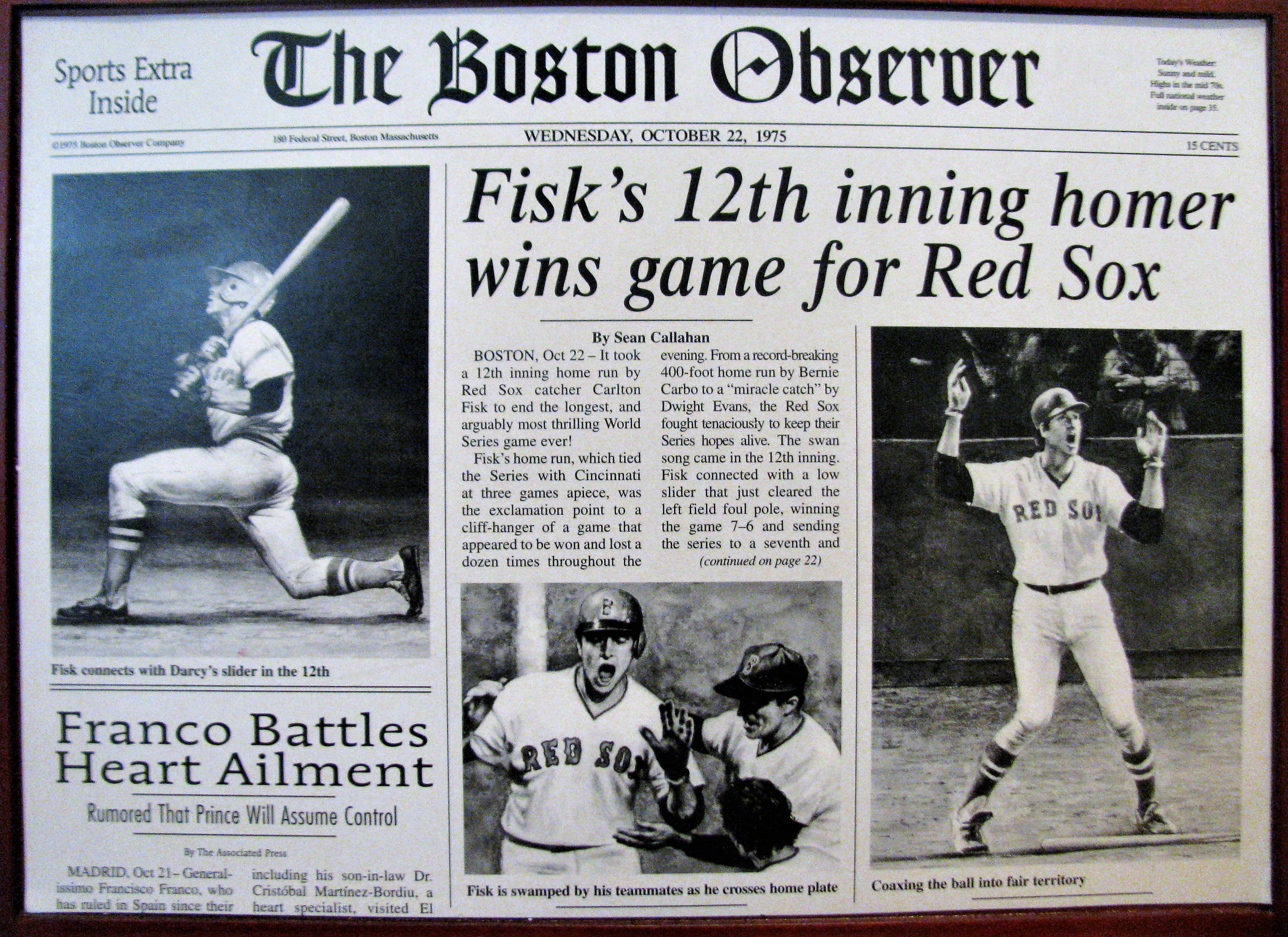 Carlton Fisk Autographed Boston Red Sox 1975 World Series Game 6 Home