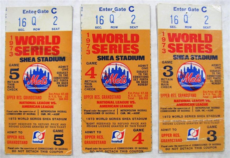 1973 WORLD SERIES NY METS GAMES 3 - 4 & 5 TICKET STUBS