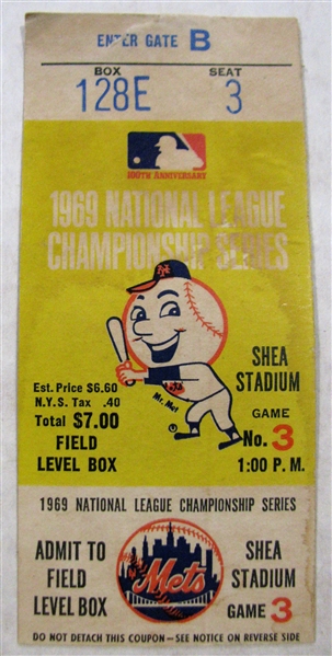 1969 NY METS NATIONAL LEAGUE CHAMPIONSHIP SERIES TICKET STUB GM #3