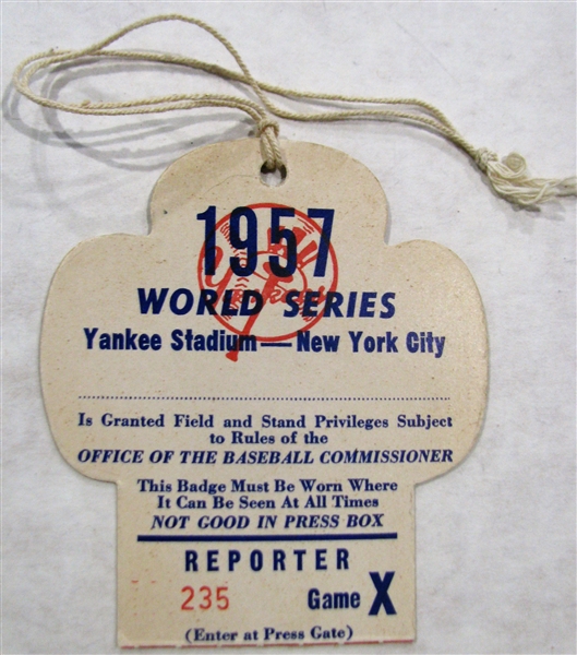 1957 NEW YORK YANKEES WORLD SERIES PRESS PASS   