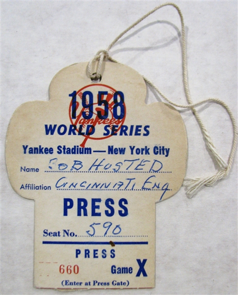 1958 NEW YORK YANKEES WORLD SERIES PRESS PASS