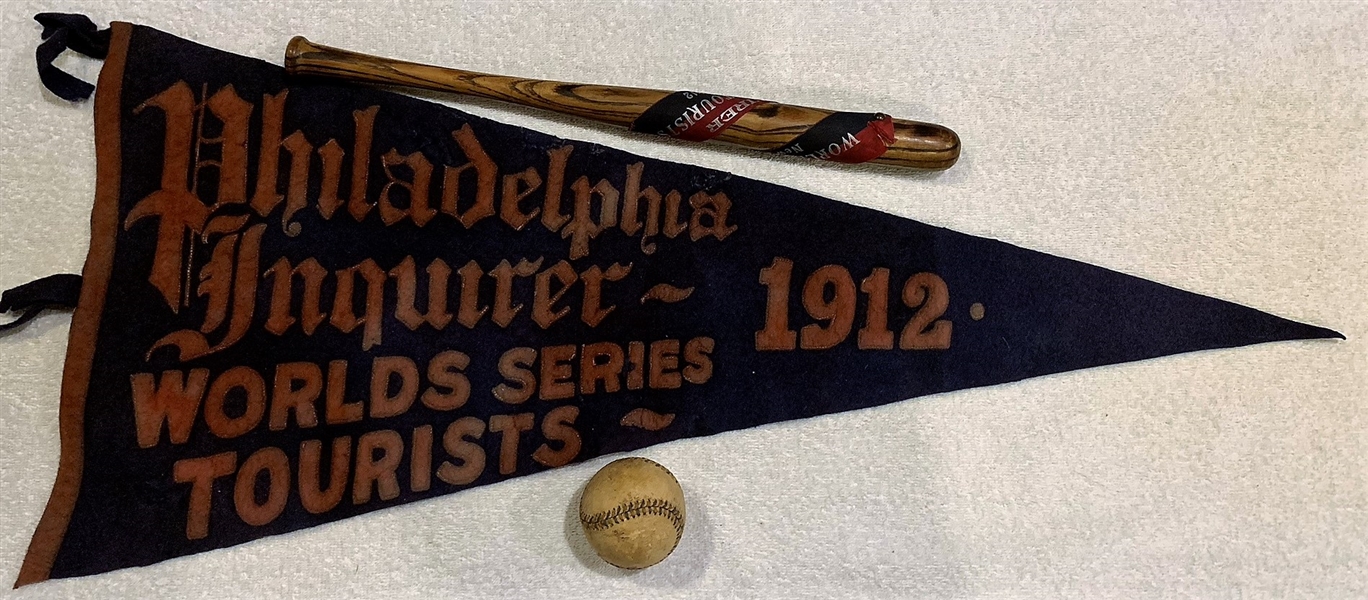 1912 PHILADELPHIA INQUIRER WORLD SERIES TOURISTS PENNANT w/BAT & BALL