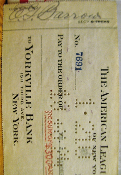 1924 NEW YORK YANKEES CHECK SIGNED BY BARROW & RUPPERT w/JSA COA