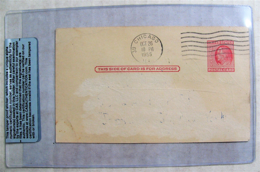 LEO CABBY HARTNETT SIGNED 1955 GOVERMENT POSTCARD - CAS AUTHENTICATED