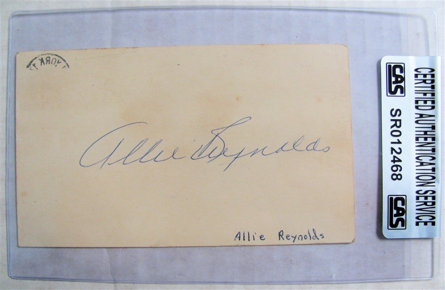 ALLIE REYNOLDS SIGNED 1956 GOVERMENT POSTCARD - CAS AUTHENTICATED