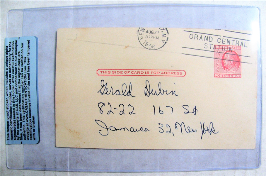 ALLIE REYNOLDS SIGNED 1956 GOVERMENT POSTCARD - CAS AUTHENTICATED