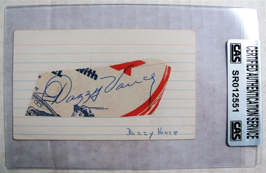 DAZZY VANCE SIGNED 3X5 INDEX CARD - CAS AUTHENTICATED