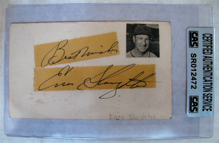 ENOS SLAUGHTER BEST WISHES SIGNED 1955 GOVERMENT POSTCARD - CAS AUTHENTICATED