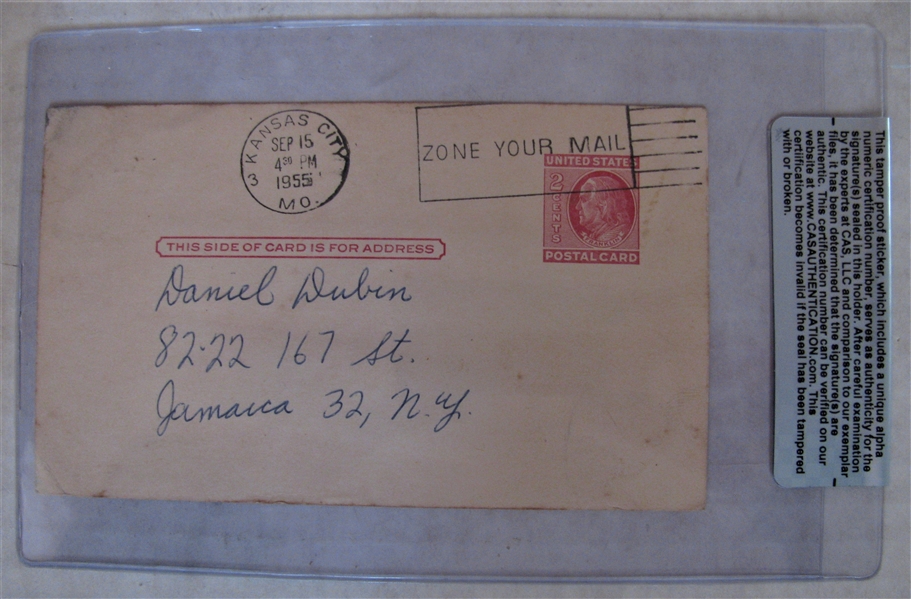 ENOS SLAUGHTER BEST WISHES SIGNED 1955 GOVERMENT POSTCARD - CAS AUTHENTICATED