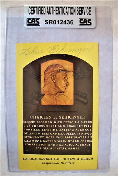 CHAS GEHRINGER SIGNED HOF POST CARD - w/CAS AUTHENTICATION