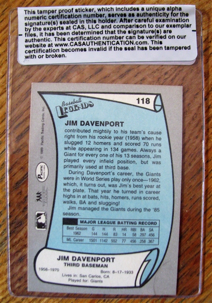 JIM DAVENPORT SIGNED BASEBALL CARD /CAS AUTHENTICATED