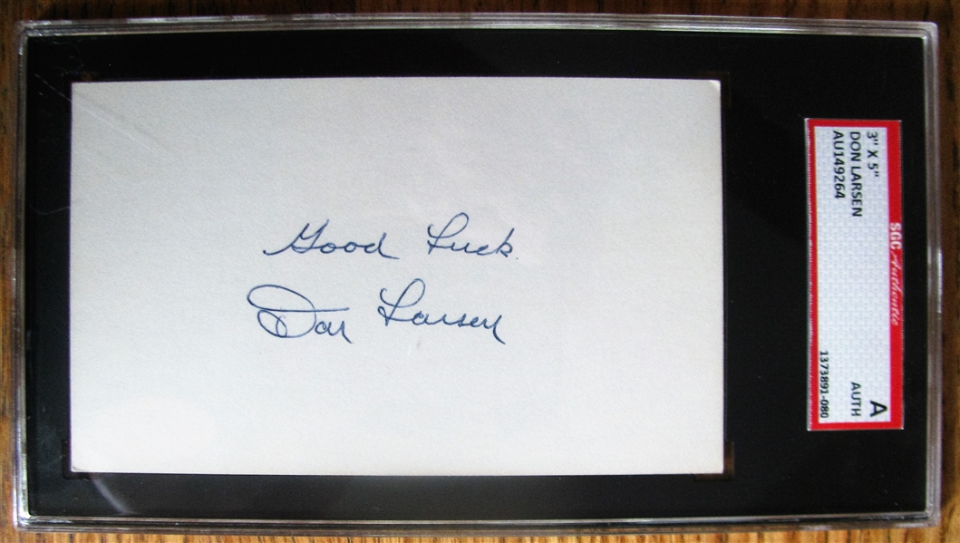 DON LARSEN GOOD LUCK SIGNED 3X5 INDEX CARD - SGC SLABBED & AUTHENTICATED