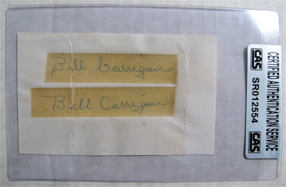 BILL CARRIGAN (2x) SIGNED 3X5 PAPER - CAS AUTHENTICATED