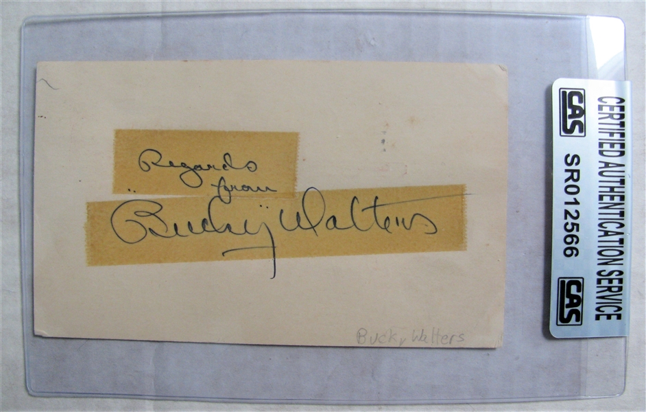 BUCKY WALTERS REGARDS FROM SIGNED 1955 GOVERMENT POSTCARD - CAS AUTHENTICATED