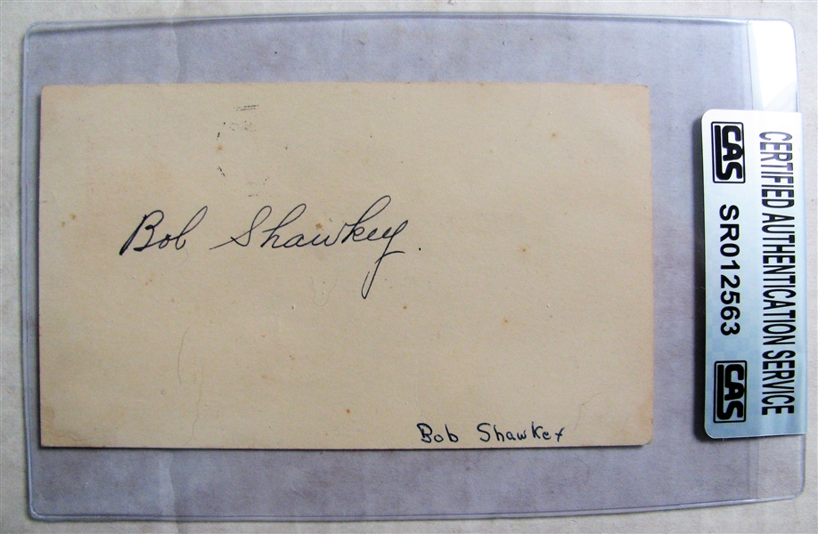 BOB SHAWKEY SIGNED 1956 GOVERMENT POSTCARD - CAS AUTHENTICATED
