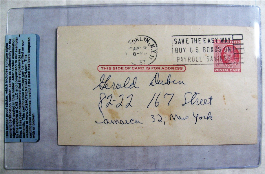 DON BESSENT SIGNED 1957 GOVERMENT POSTCARD - CAS AUTHENTICATED